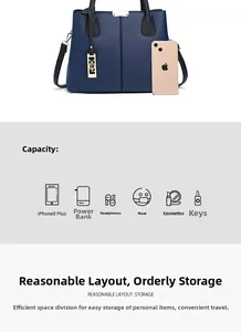 Vue détaillée du grand sac à main bleu marine en cuir grainé montrant sa capacité de rangement