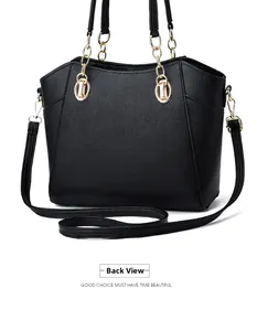 Back view of black faux leather tote bag with lychee texture and gold chain detail