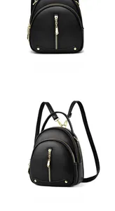 Detailed front and side views of a black pebbled leather backpack with gold hardware