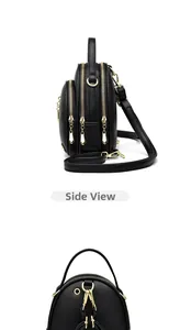 Side view and top detail of black pebble leather mini backpack with gold hardware zippers
