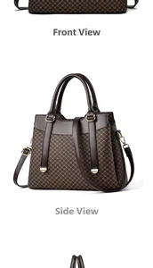 Front and side views of a brown quilted Boston handbag with leather straps and gold hardware