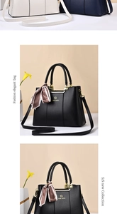 Detail of elegant tote bag with golden hardware lock and decorative silk scarf accent