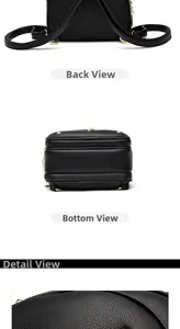 Detailed back and bottom view of black lychee grain leather backpack with gold zippers