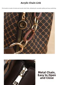 Detail of acrylic chain strap and smooth metal zipper on brown checkered handbag