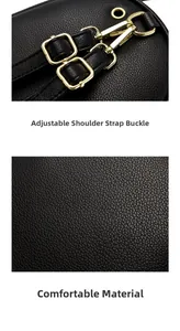 Detail of adjustable strap buckle and gold metal hook on black pebble leather backpack