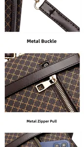 Detail of premium golden hardware zipper and back pocket on the brown printed handbag