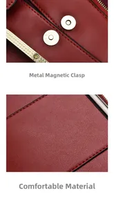 Detail of wine red lychee leather texture and high-quality magnetic metal hardware buckle