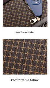 Detail of vintage monogram handbag showing functional back zipper pocket for smartphone