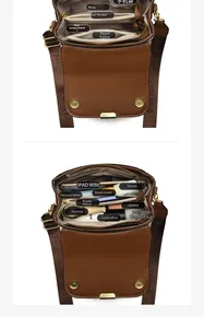 Sac bandoulière en cuir marron avec compartiments montrant une grande capacité
