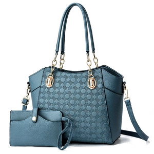 Blue textured PU leather tote bag set with golden chain strap and embossed detail