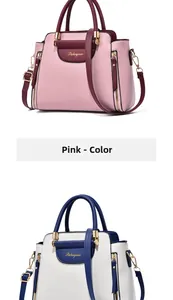 Détail de sacs à main bicolores en similicuir avec zips dorés et lettrage de la marque
