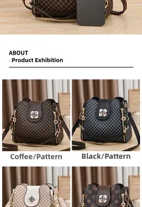 Close-up of stylish plaid crossbody bag with floral metal clasp and chain strap