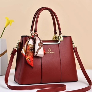 Women PU Leather Handbag Multi Compartment Shoulder Bag With Decorative Satin Scarf And Adjustable Strap Litchi Texture