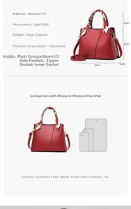 Detailed size chart of red PU leather handbag with iPhone and iPad scale comparison