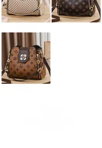 Detailed views of three stylish crossbody bags in cream grid, coffee, and tan patterns