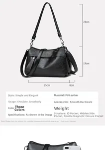 Detailed size guide of the black PU leather handbag with multi-layer interior pockets