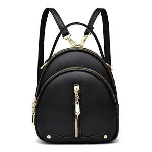 Fashionable black pebbled leather mini backpack for women with gold hardware and rivets