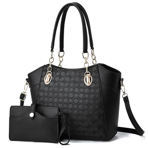Black PU leather tote bag set with geometric embossed texture and gold chain detail