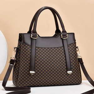 Classic dark brown handbag with gold diamond pattern and dual handles for women