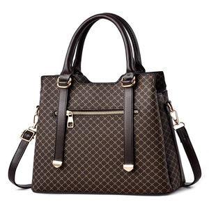 Classic dark brown women handbag with geometric grid pattern and gold hardware