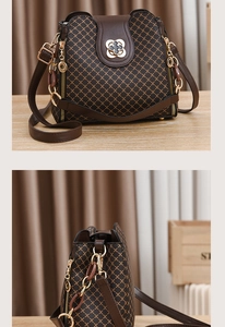 Close-up of retro cross-pattern crossbody bag with gold floral twist lock and fine textures