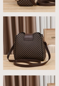 Close-up of brown textured leather crossbody bag with mesh grid pattern and gold hardware