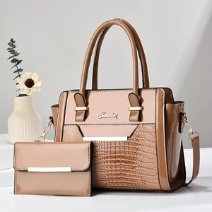 Fashionable khaki crocodile pattern handbag set with shoulder strap and large capacity