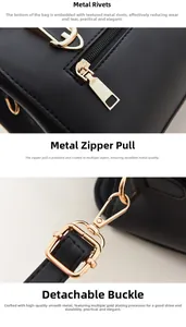 Detailed view of gold-plated hardware including studs and polished zippers on black bag