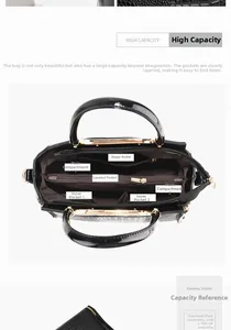 Detail view of black crocodile pattern handbag with multiple inner pockets and compartments