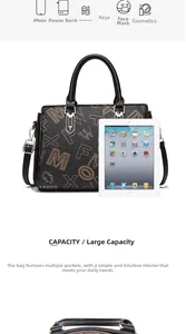 Black leather tote bag showing large capacity by comparison with a tablet and accessories