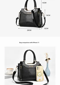 Detailed size chart showing dimensions of 25cm length for the black faux leather handbag