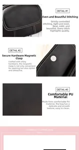 Detail of premium black PU leather texture with magnetic snap and neat double stitching