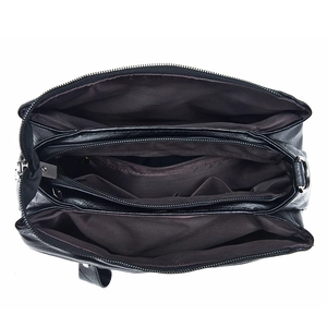 Black multi-layer soft leather shoulder bag with three zippers and large capacity