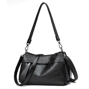Classic black soft leather shoulder bag for women with dual straps and large capacity
