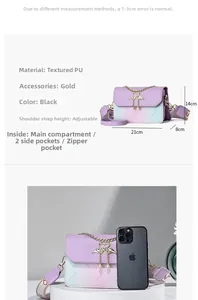 Size comparison of gradient crossbody bag with gold hardware and internal compartments