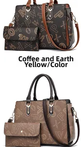 Detail of printed leather tote and matching clutch set with adjustable straps
