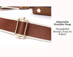 Macro detail of adjustable striped strap and gold-tone hardware on a monogram crossbody bag