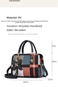 Detailliertes Maßdiagramm für eine bunte Karo-Handtasche mit Größenangaben 22x12x16cm