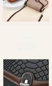 Detailed macro view of crocodile pattern leather and silver metal twist lock on a beige bag