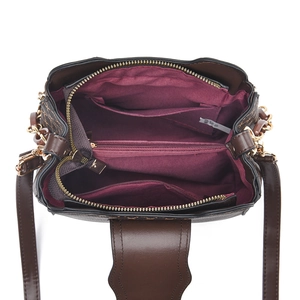 Brown vintage printed crossbody bag for women with wine red multi-compartment interior