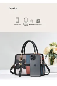 Detailansicht der großen Kapazität der Patchwork-Handtasche für Handy und Kosmetik
