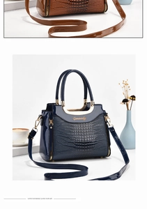 Close-up of crocodile textured dark blue leather handbag with gold logo and metal rings