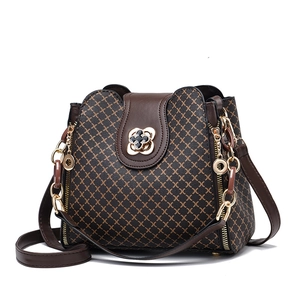 Classic vintage brown bucket bag with monogram pattern and gold flower buckle detail