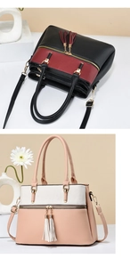 Detail of color-block tote bags with litchi grain texture and elegant tassel charms