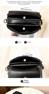 Detail view of the black lychee pattern crossbody bag with multi-layer zipper storage