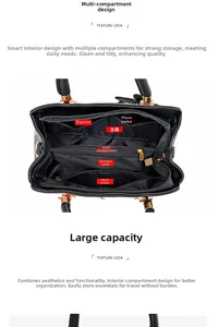 Makroansicht der Mehrfach-Innenfächer einer schwarzen Handtasche aus Leder