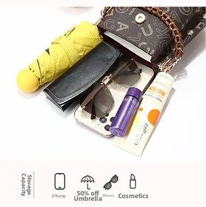 Internal view of brown monogram crossbody bag showing capacity for phone and cosmetics