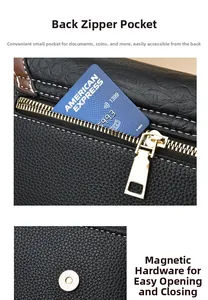 Detail of lychee pattern leather handbag with back zipper pocket and magnetic snap closure
