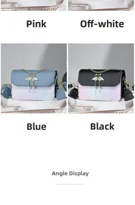 Detail showing various colors of small square crossbody bags with swan metal buckles