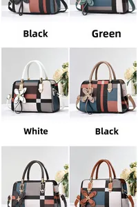 Detaillierte Gitteransicht stilvoller Patchwork-Handtaschen mit Blumenanhängern